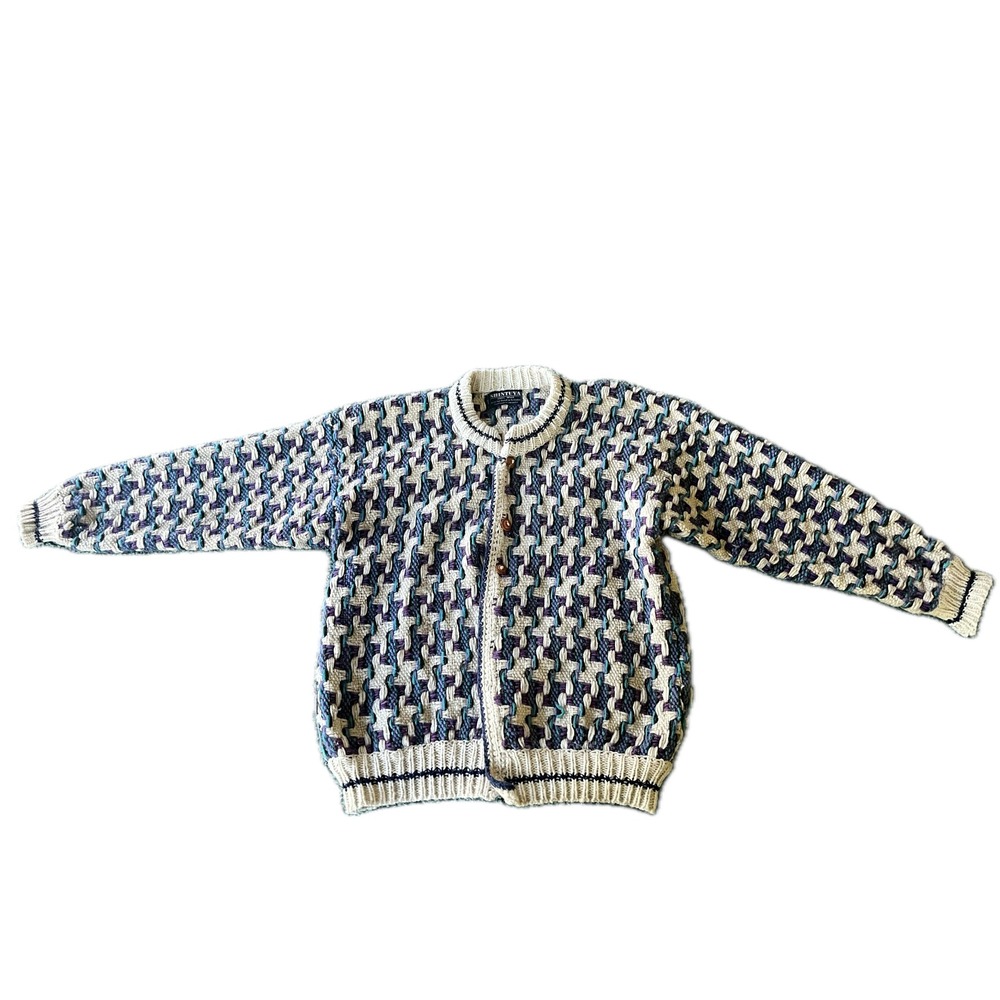 Shintuya Vintage Hand Knit Wool Cardigan Sweater Basketweave Multi Color Sz M/L